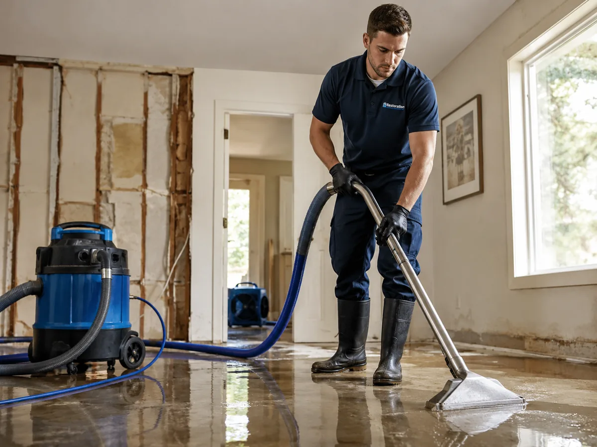 Technician performing water extraction on a flooded floor